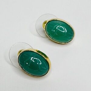 Green Stone Scarab Earrings Gold Plated Carved Dainty Egyptian Revival